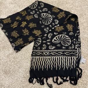 Chico’s Black Turtle Seashell Beach Scarf Rayon Fringe 60” Unisex